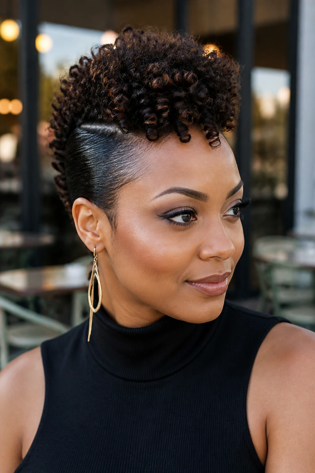 Portrait of a woman with slicked sides and central mohawk puff outdoors