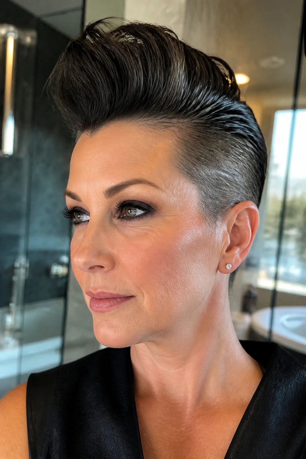 Real woman with slick sides and voluminous top mohawk