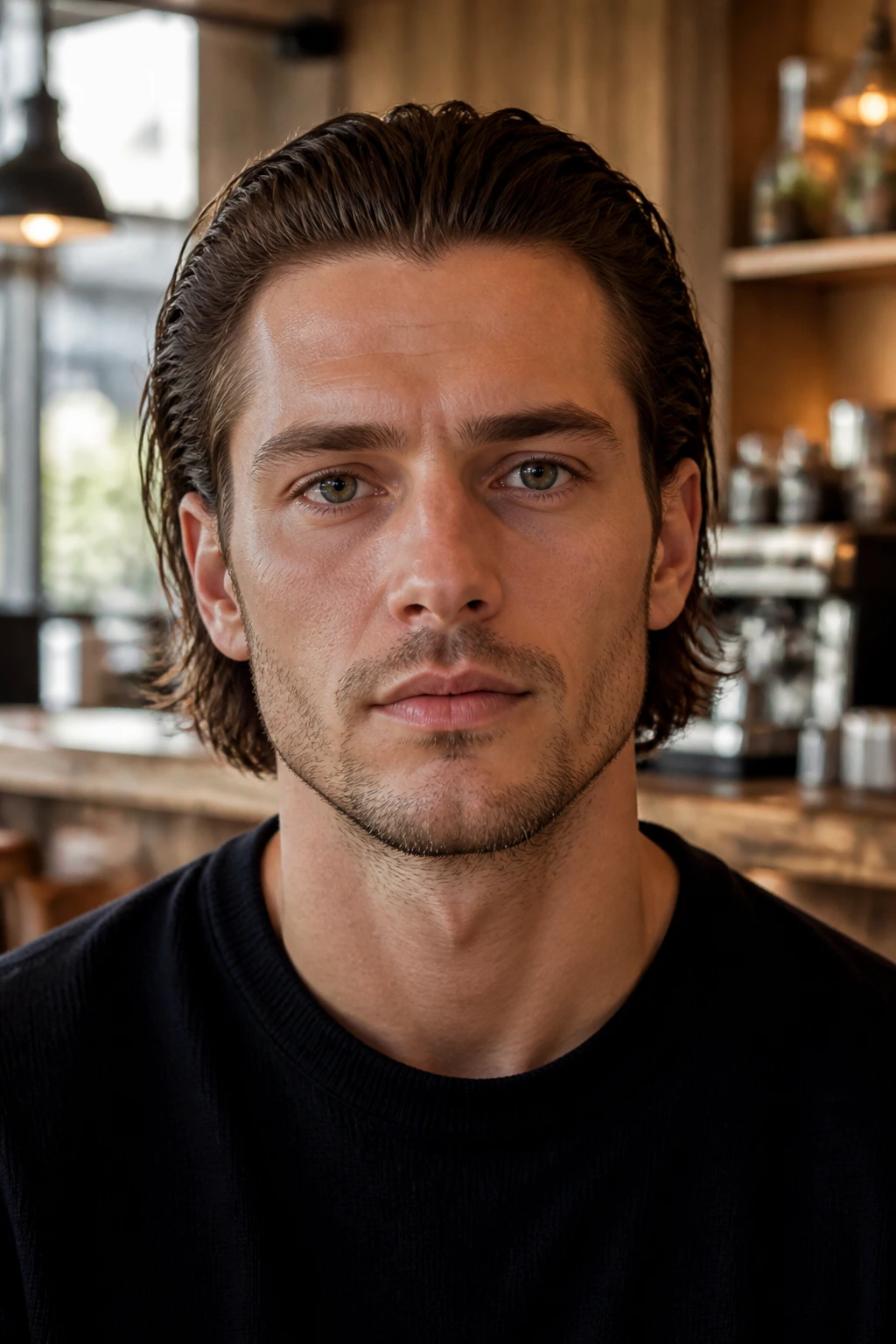 Man with slicked-back bob hairstyle, portrait in cafe setting
