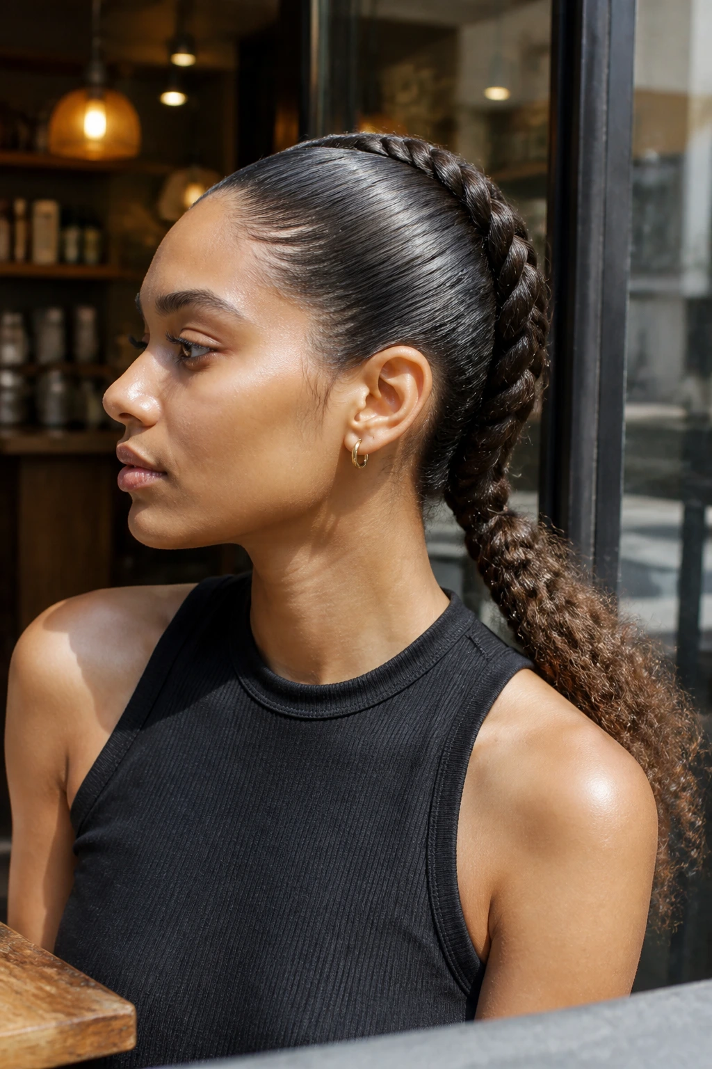 Close-up of a real person with a slicked-back braid under natural light
