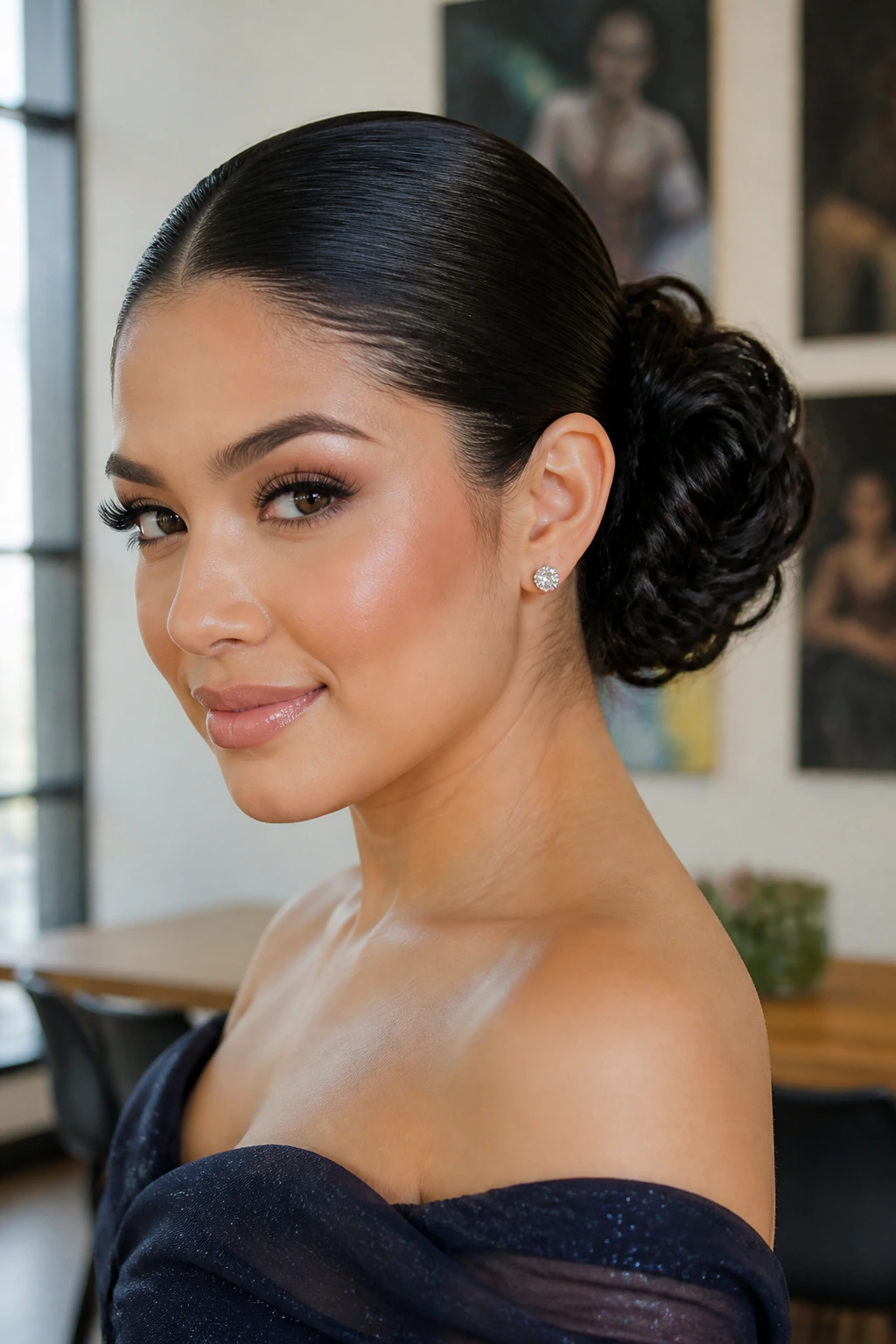 Close-up of a real woman with a slicked-back textured bun