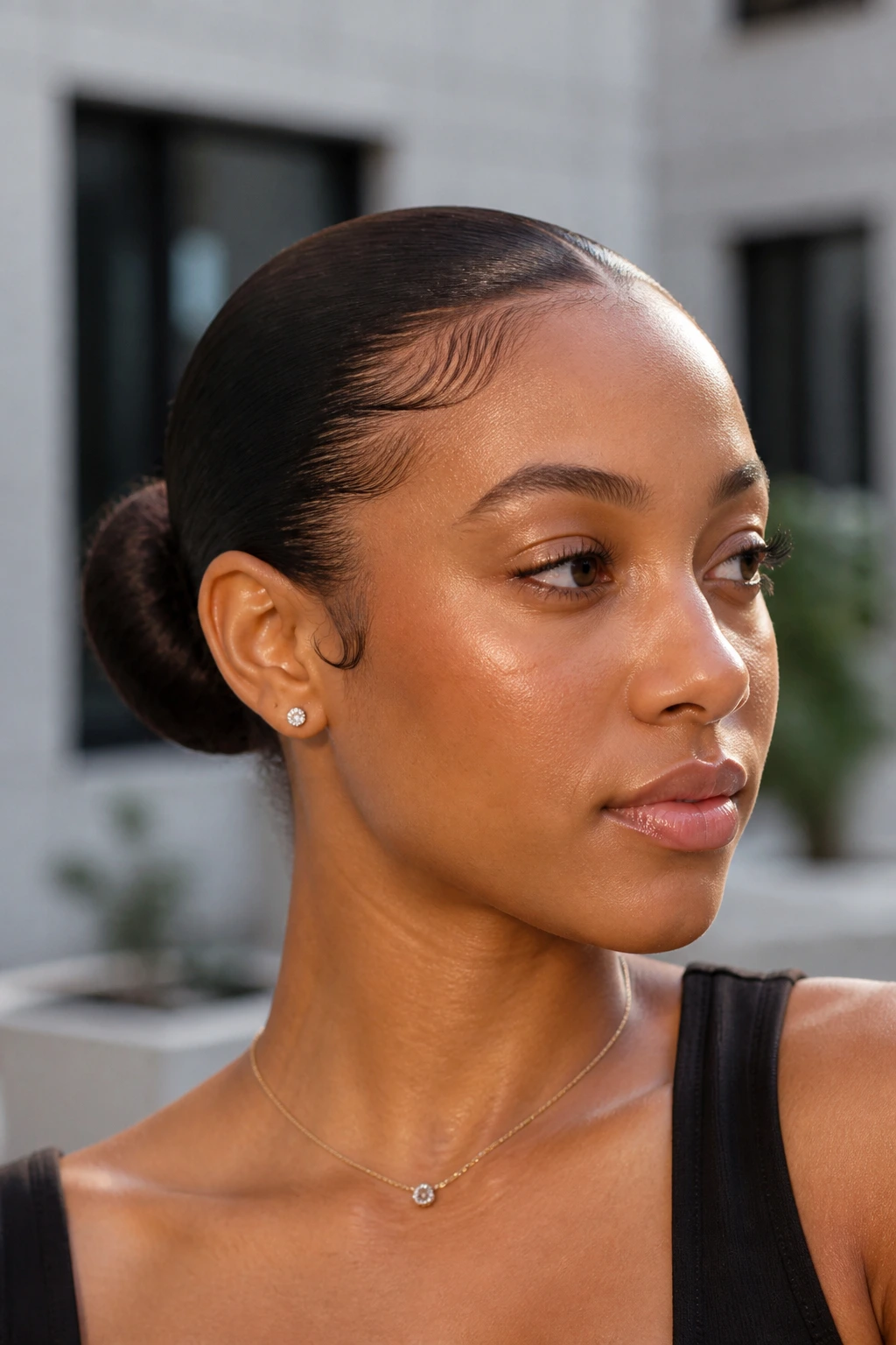 Real person with a sleek slicked-back bun and smooth edges.