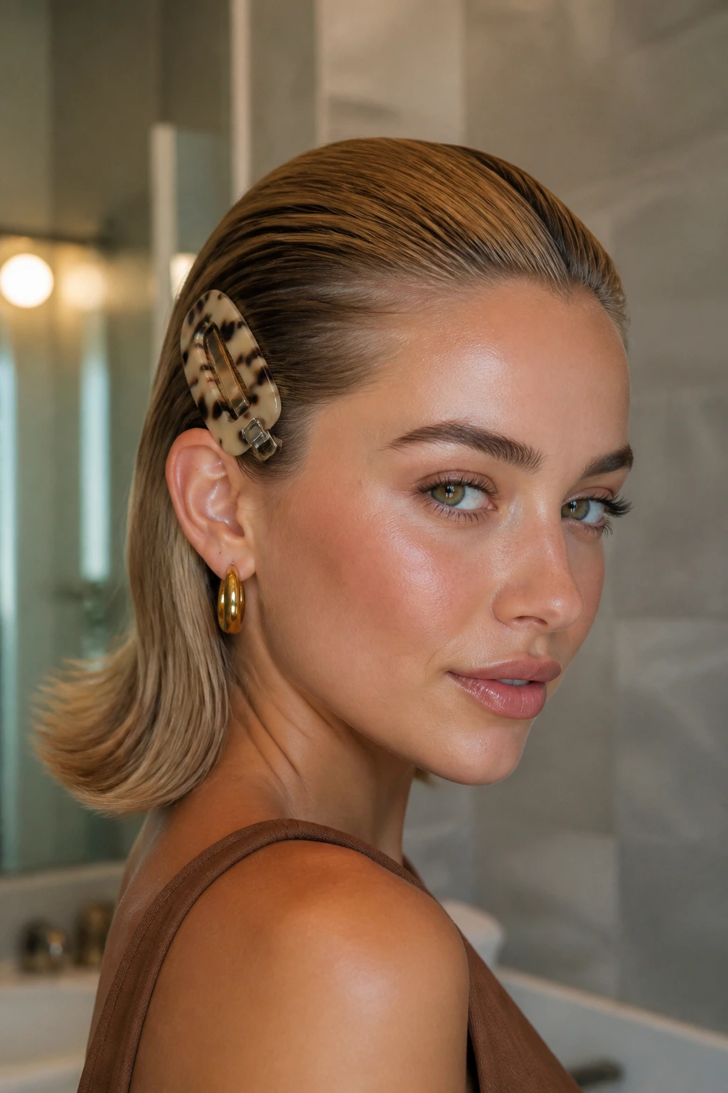 Portrait of a woman with slicked-back hair and a bold statement clip in a chic bathroom