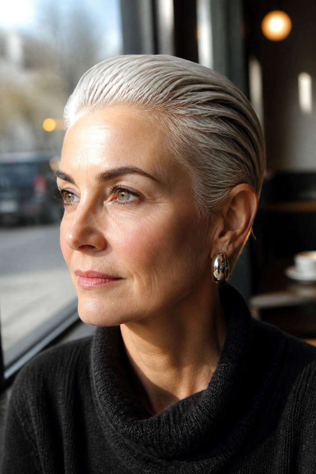 Close-up portrait of a woman with a slicked-back crop and glossy finish
