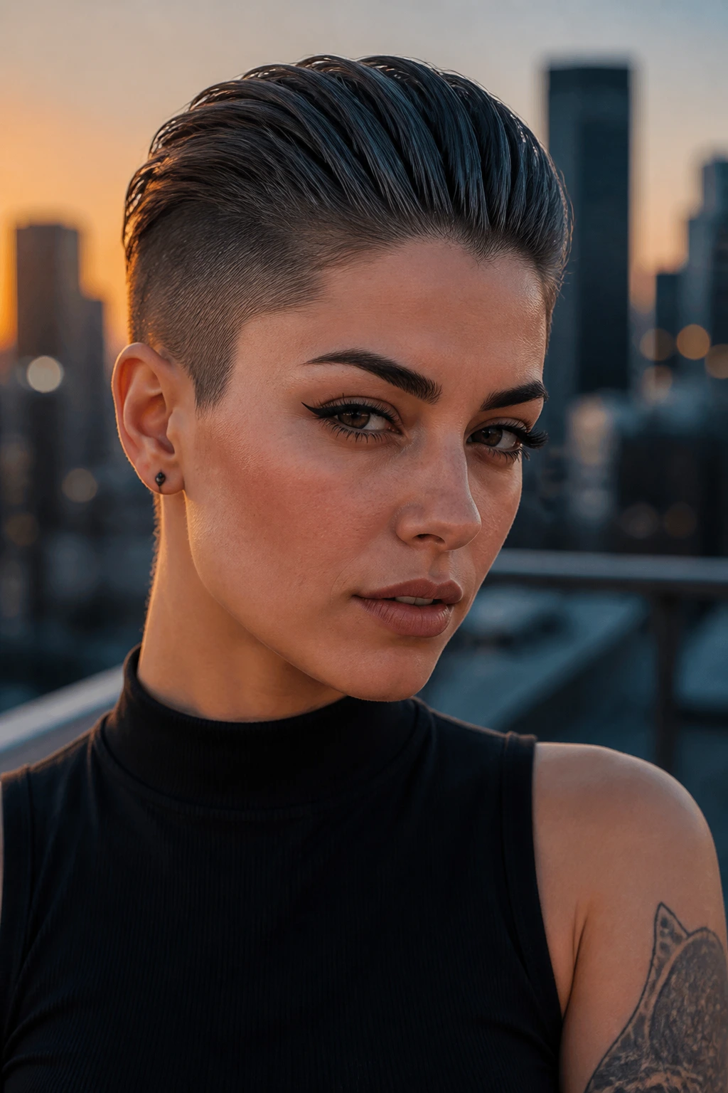 Close-up portrait of a real person with slicked-back crop on rooftop at dusk