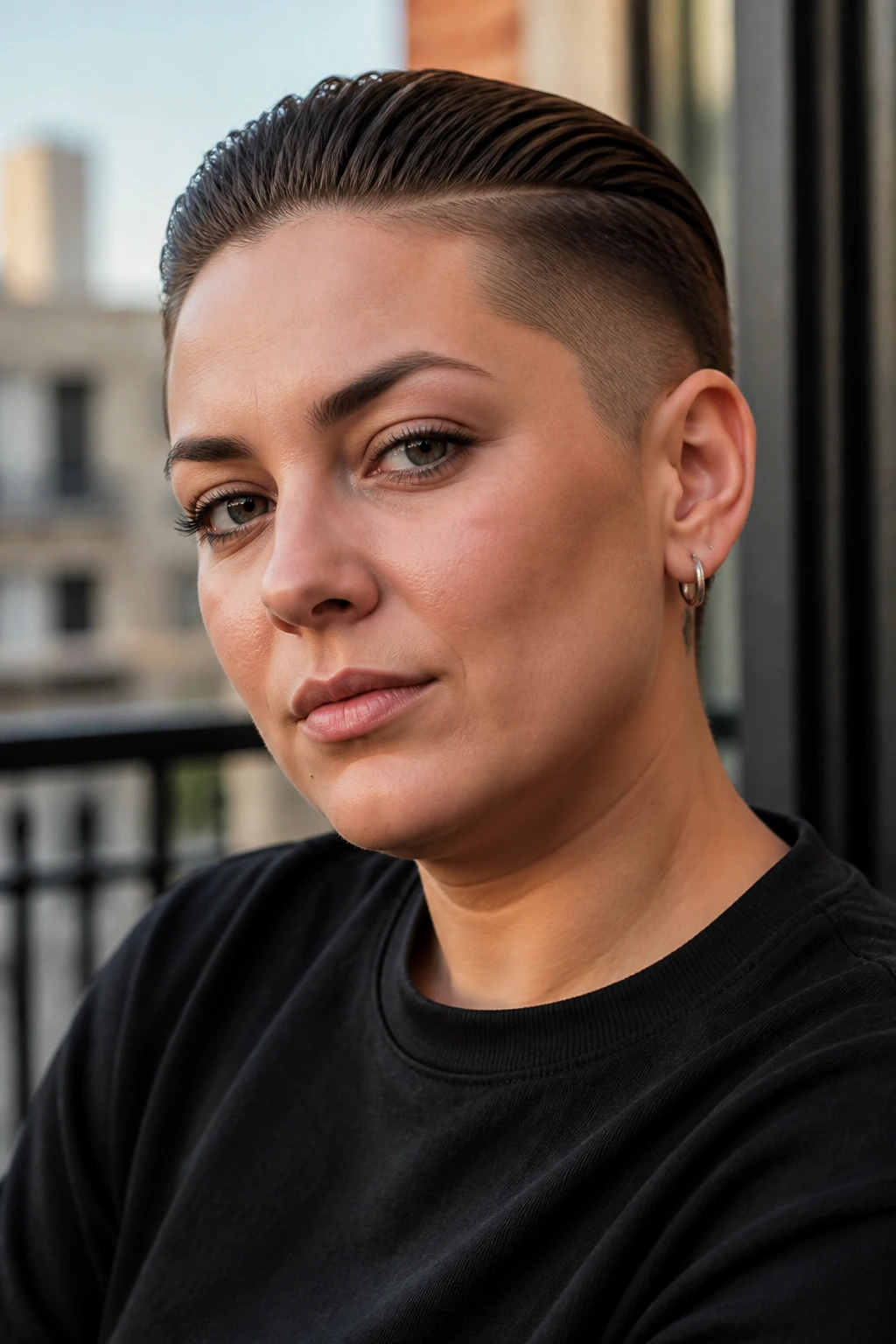 Close-up portrait of a real person with slicked-back crop and short sides