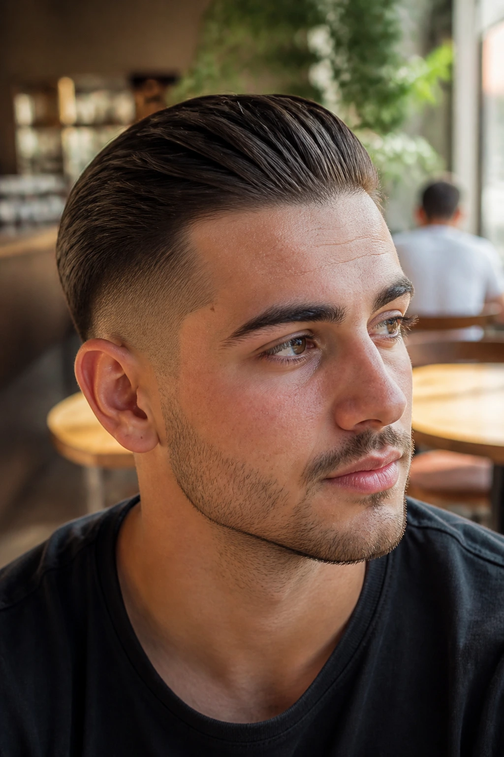 Close-up portrait of a person with a slicked-back crop hairstyle in a sunlit cafe