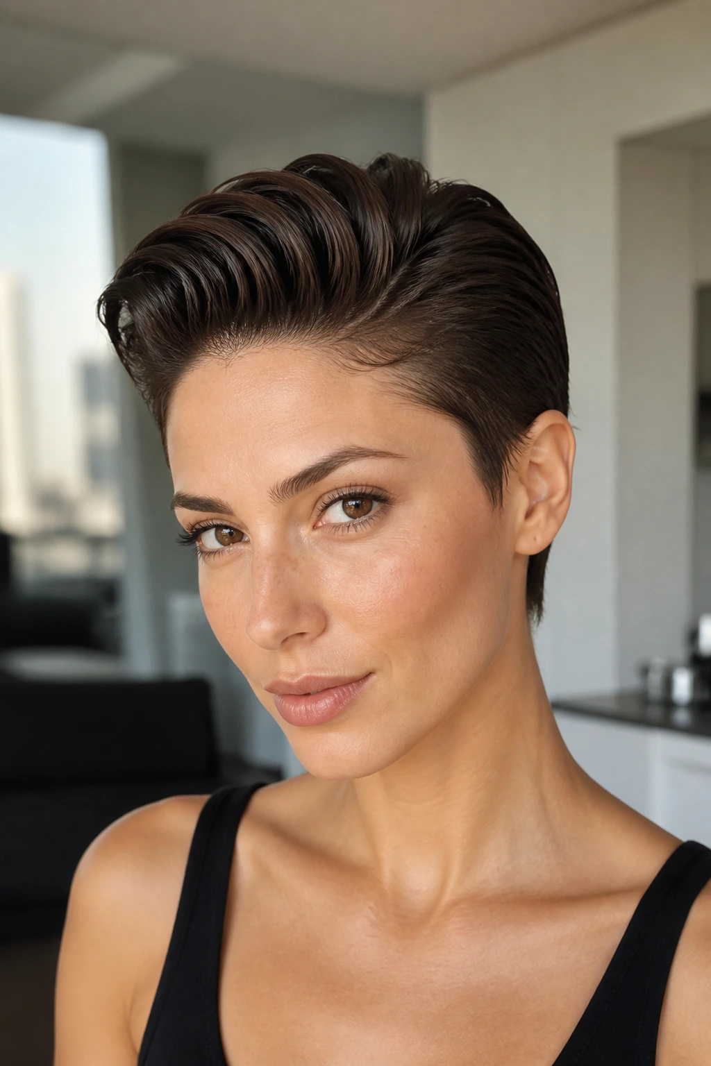 Portrait of a person with slicked-back crop hairstyle