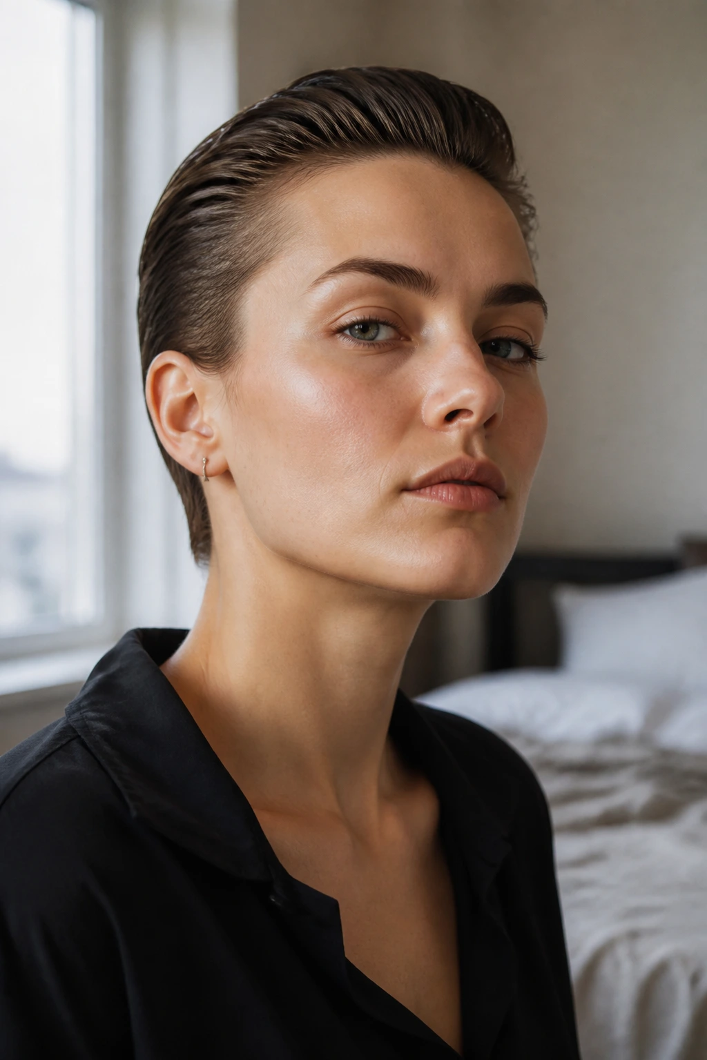 Close-up portrait of a woman with a slicked-back crop in natural light.