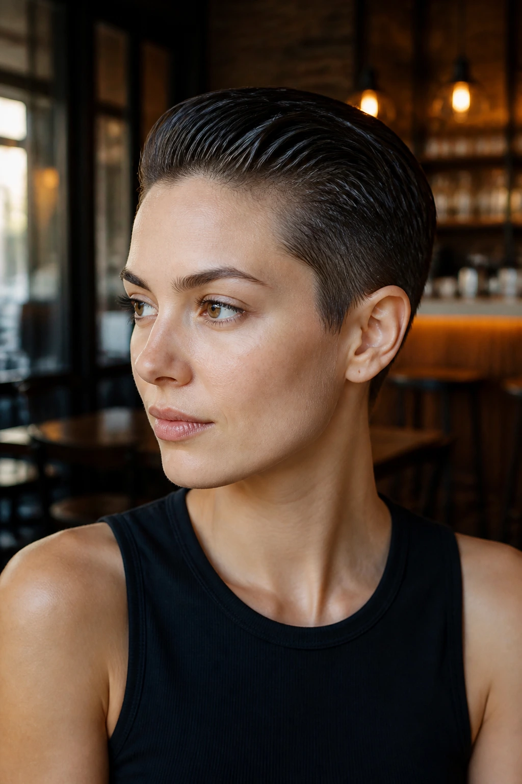 Close-up portrait of a person with a slicked-back crop hairstyle