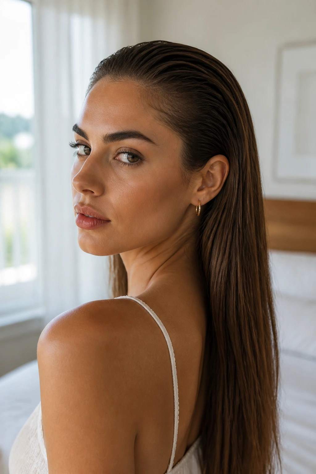 Close-up portrait of a real person with slicked-back crown hairstyle on long straight hair