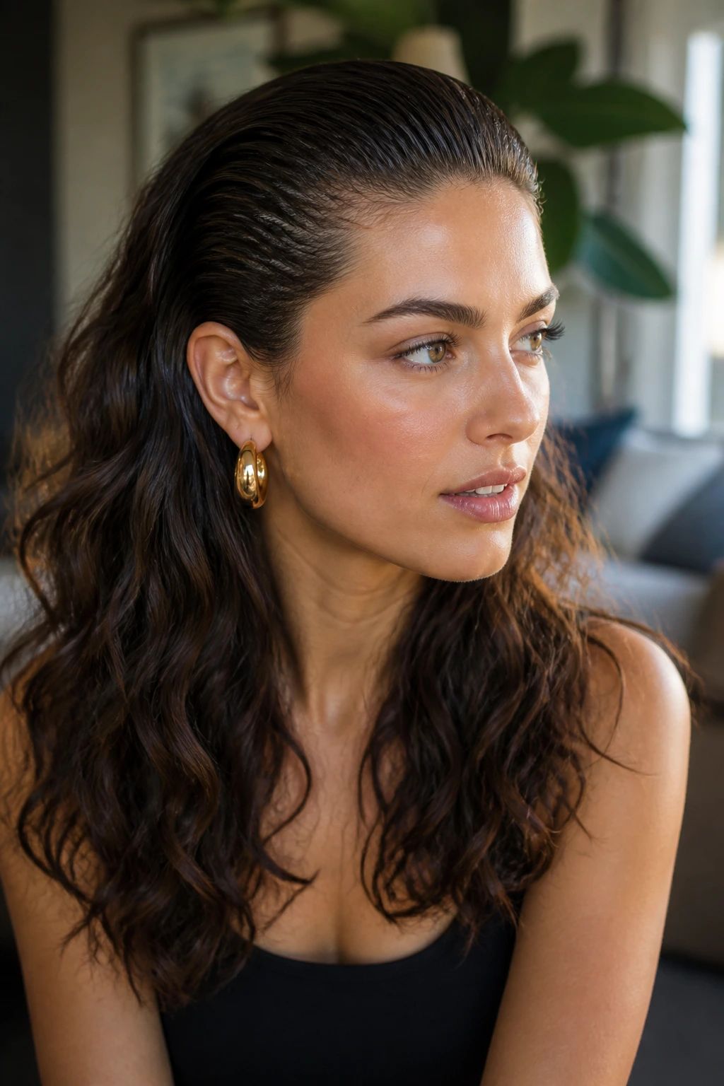 Close-up of a real person with a slicked-back crown and loose waves
