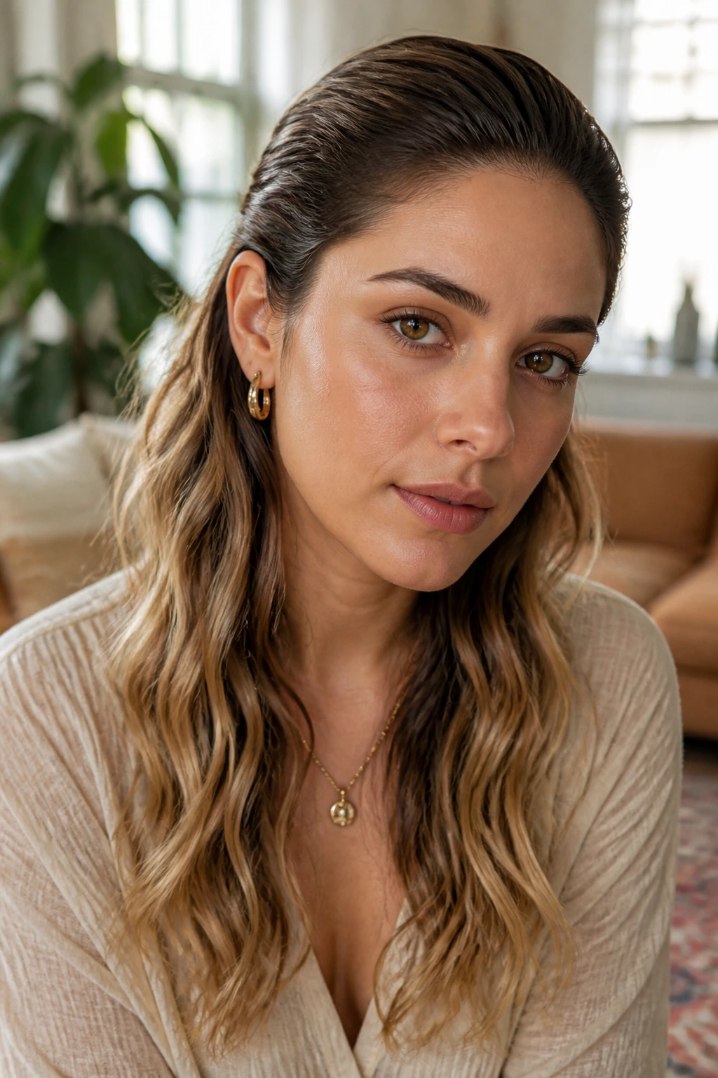 Close-up portrait of a person with a slicked-back crown and loose ends in a cozy room