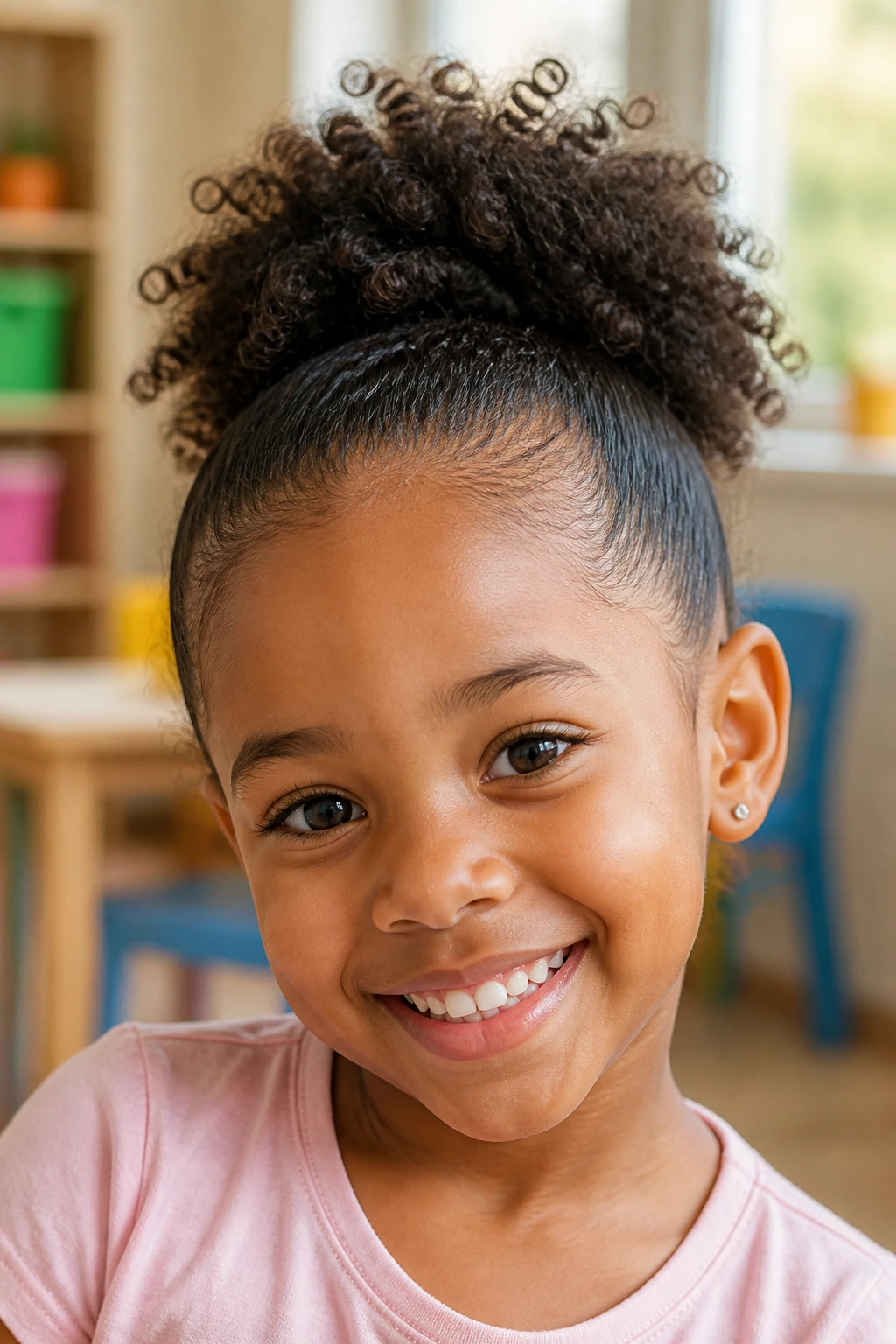 Child with slicked-back curls and crown puff in a bright room