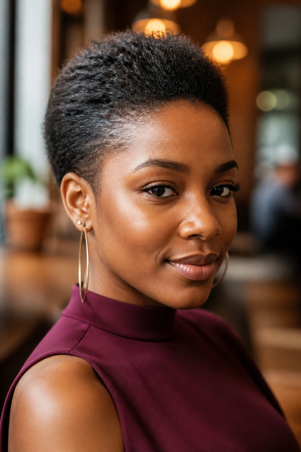 Close-up of a real person with a slicked-back short fro