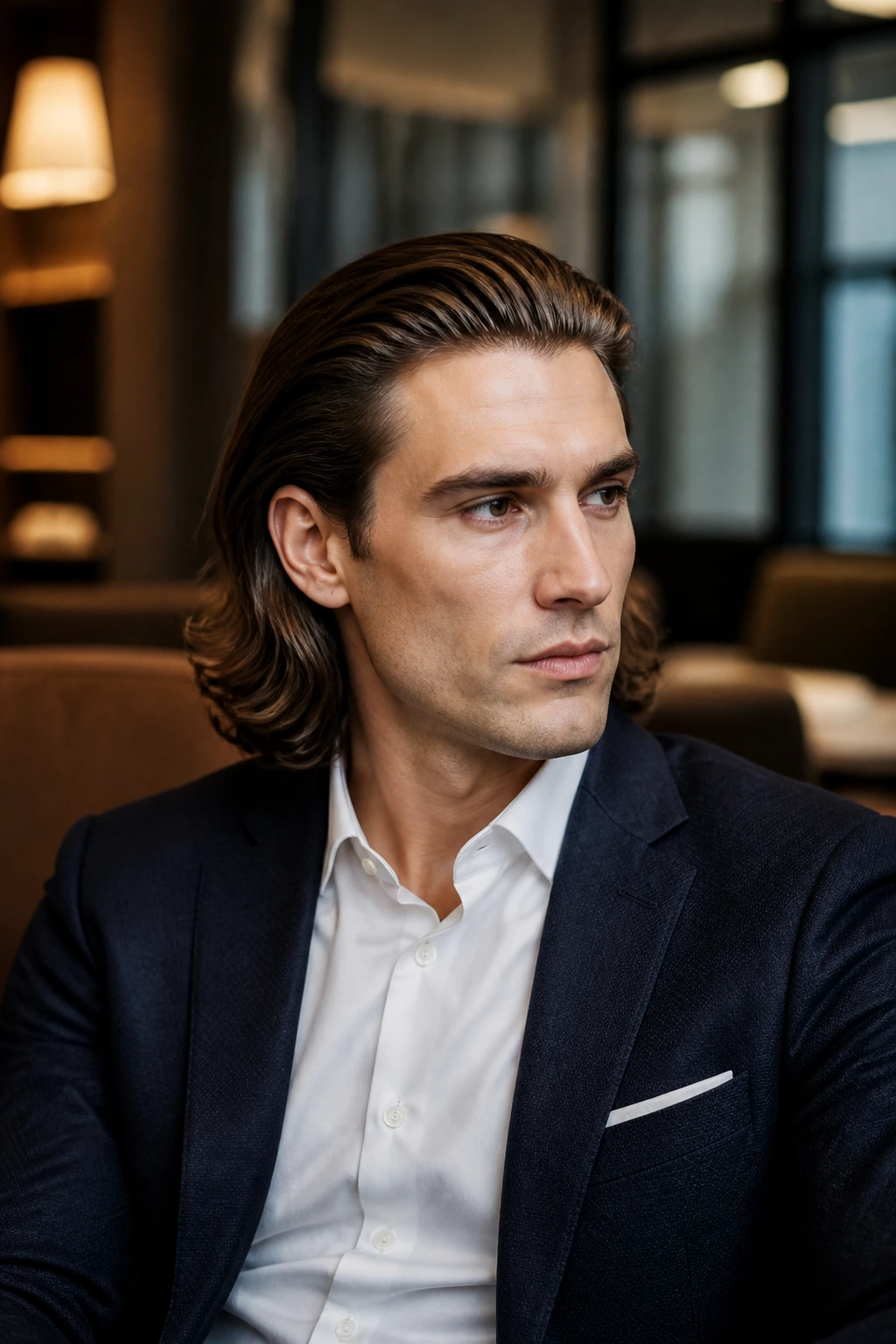 Man with slicked-back shoulder-length hair in office