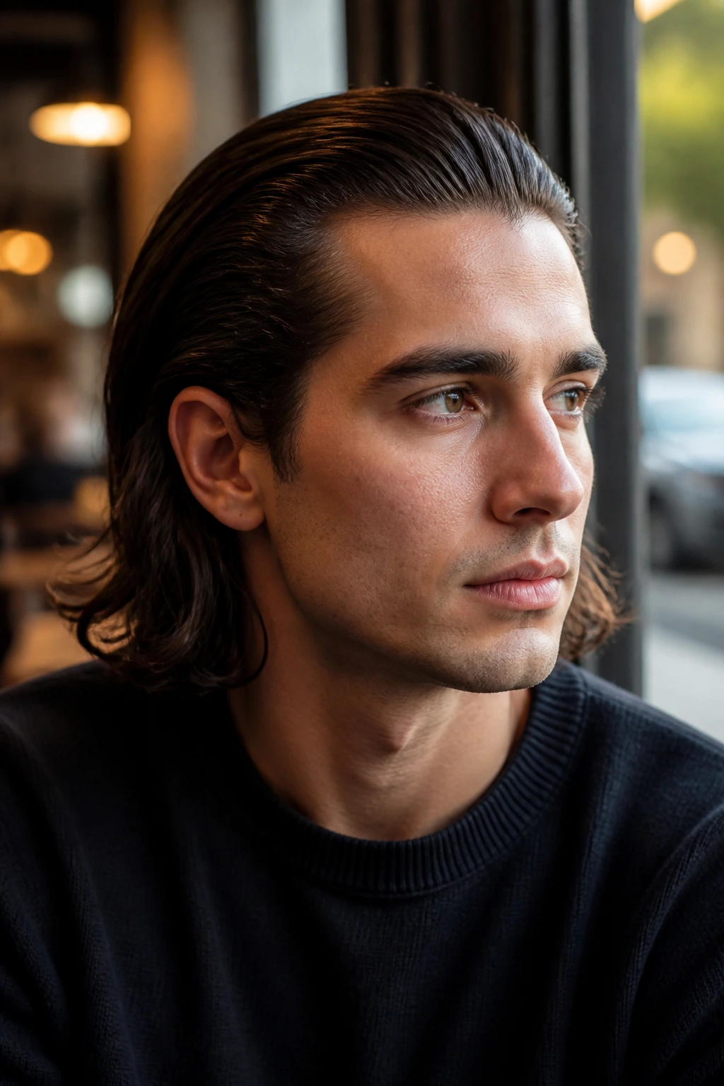 Close-up portrait of a real man with slicked-back shoulder-length hair in a cozy cafe setting