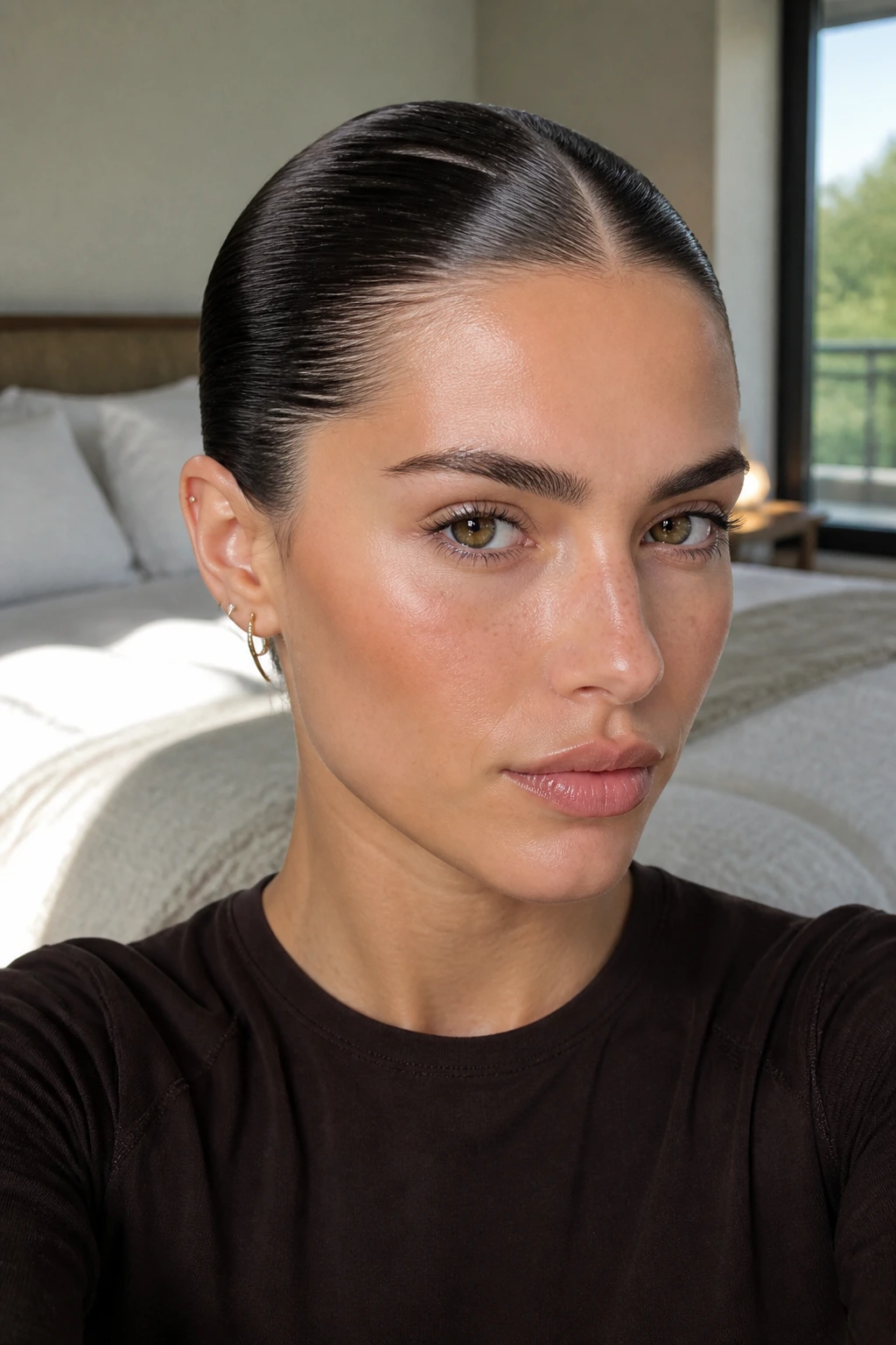 Close-up portrait of a real woman with glossy slicked-back hair and a precise part, warm window light.