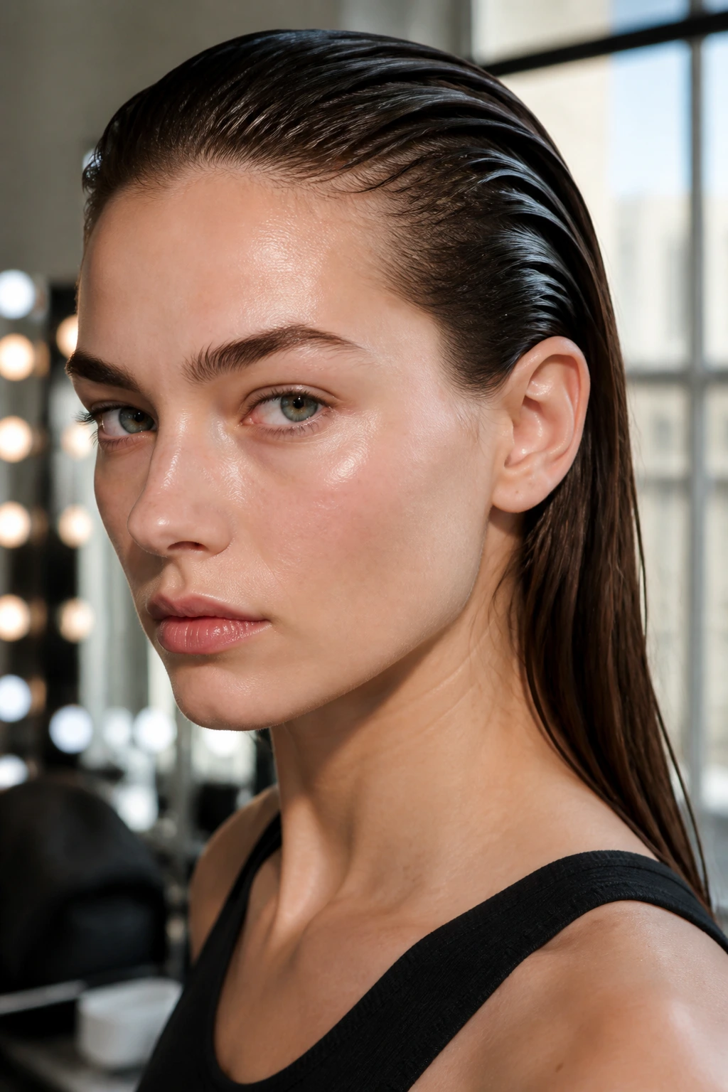Close-up of a real woman's glossy slicked-back wet hairstyle