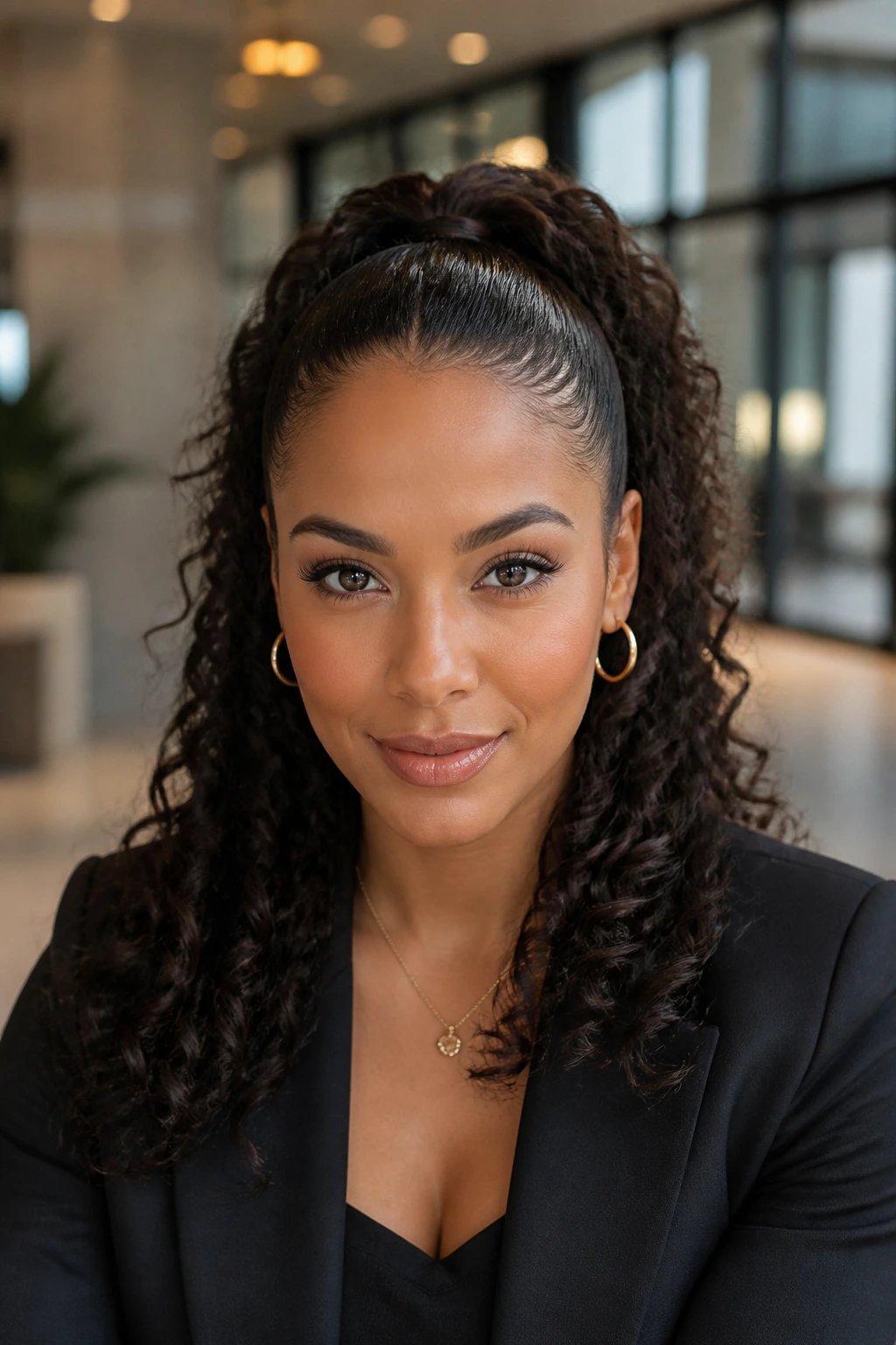 Real woman with slicked-back front and half pony hairstyle