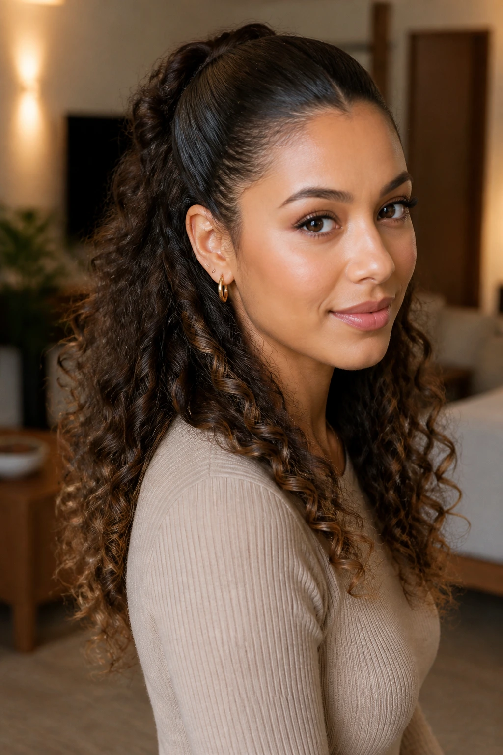 Real woman with slicked-back half-up and full curls down