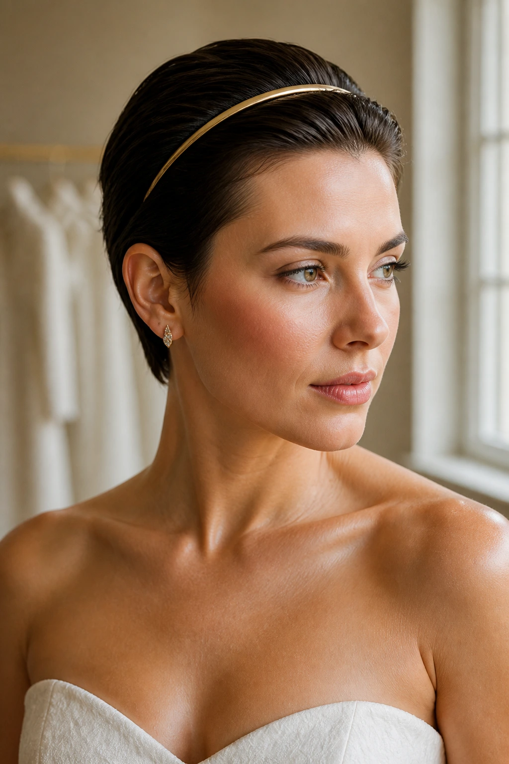 Bride with minimalist slicked-back hair and slim headband