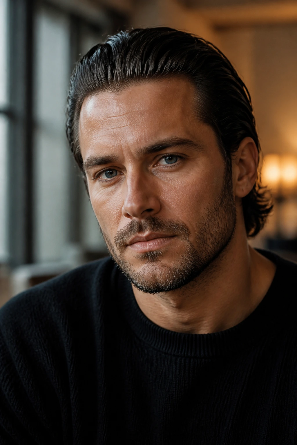 Close-up of a person with slicked-back hair and heavy stubble in a stylish apartment