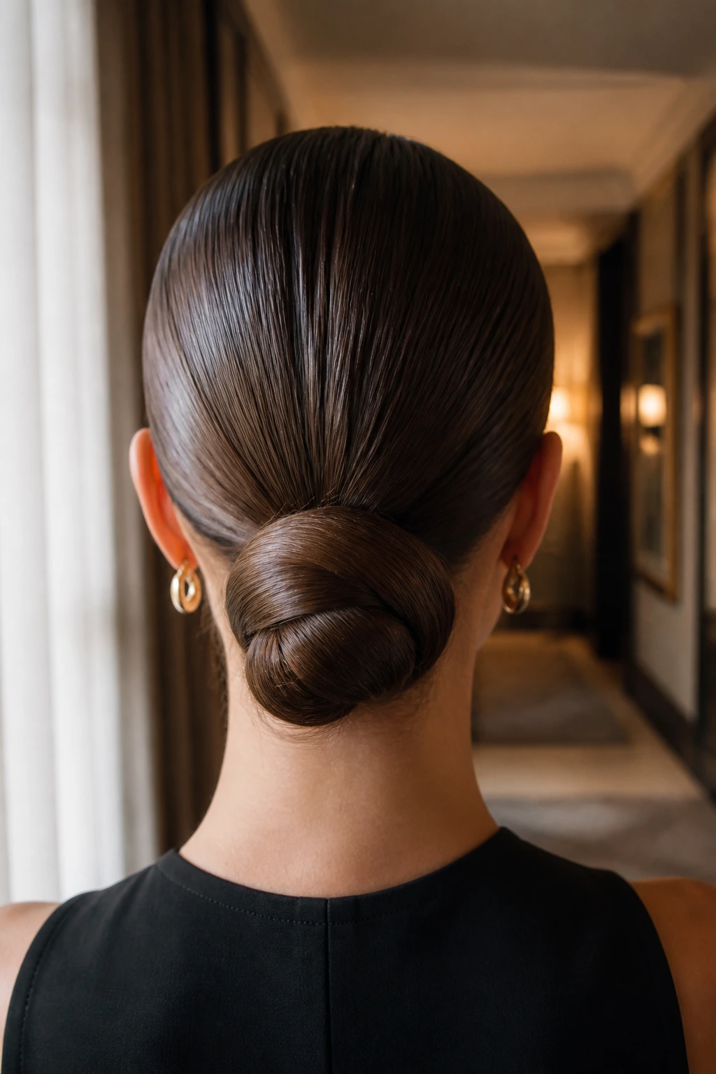 Back-of-head portrait of a real woman with a slicked-back low knot at the nape