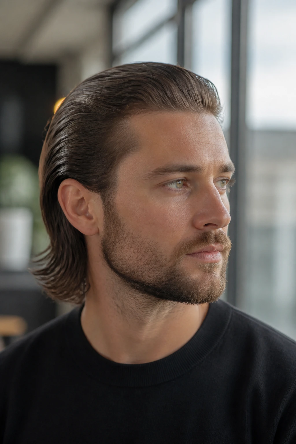 Man with slicked-back length hairstyle in bright interior
