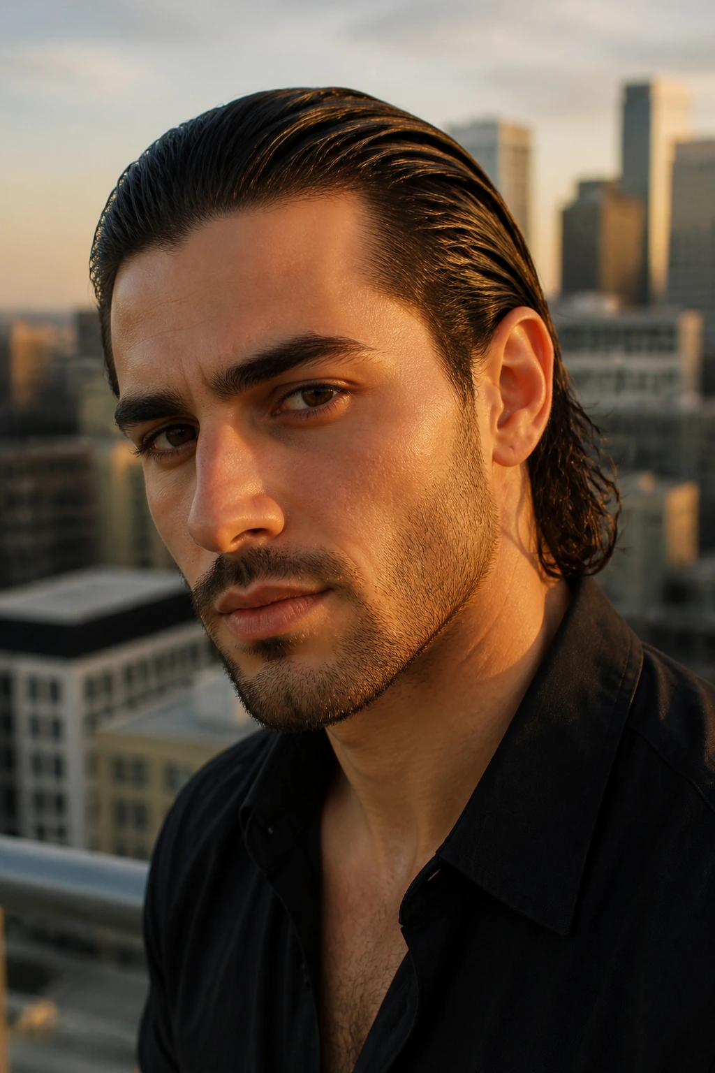 Portrait of man with slicked-back length hairstyle