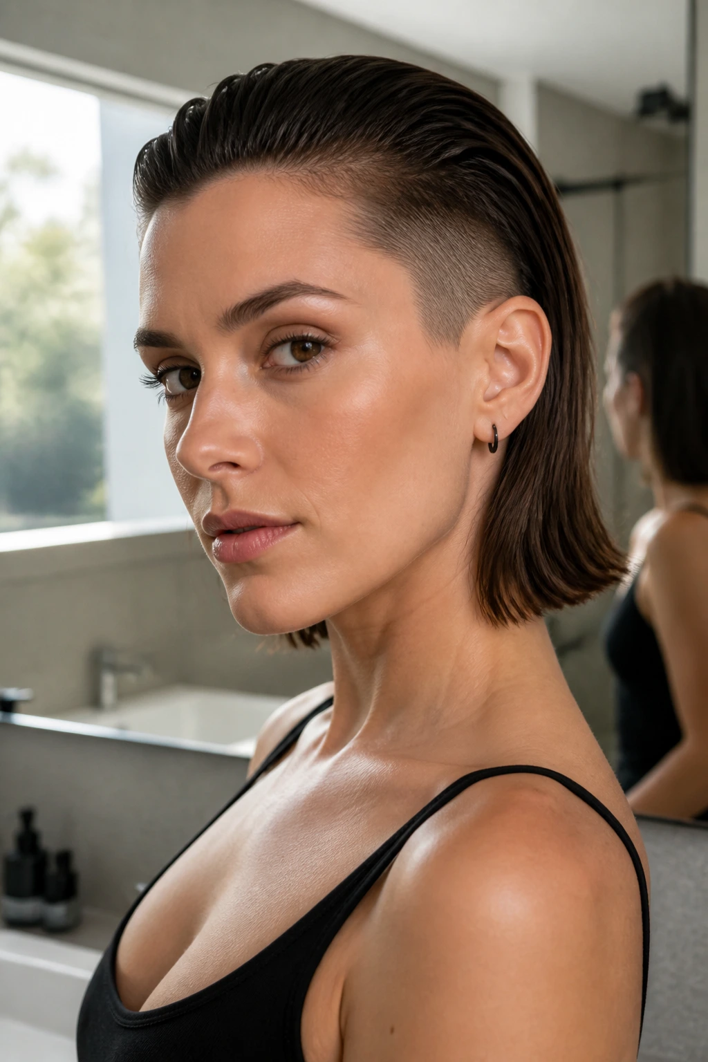 Close-up portrait of a real woman with a slicked-back lob and low-side undercut