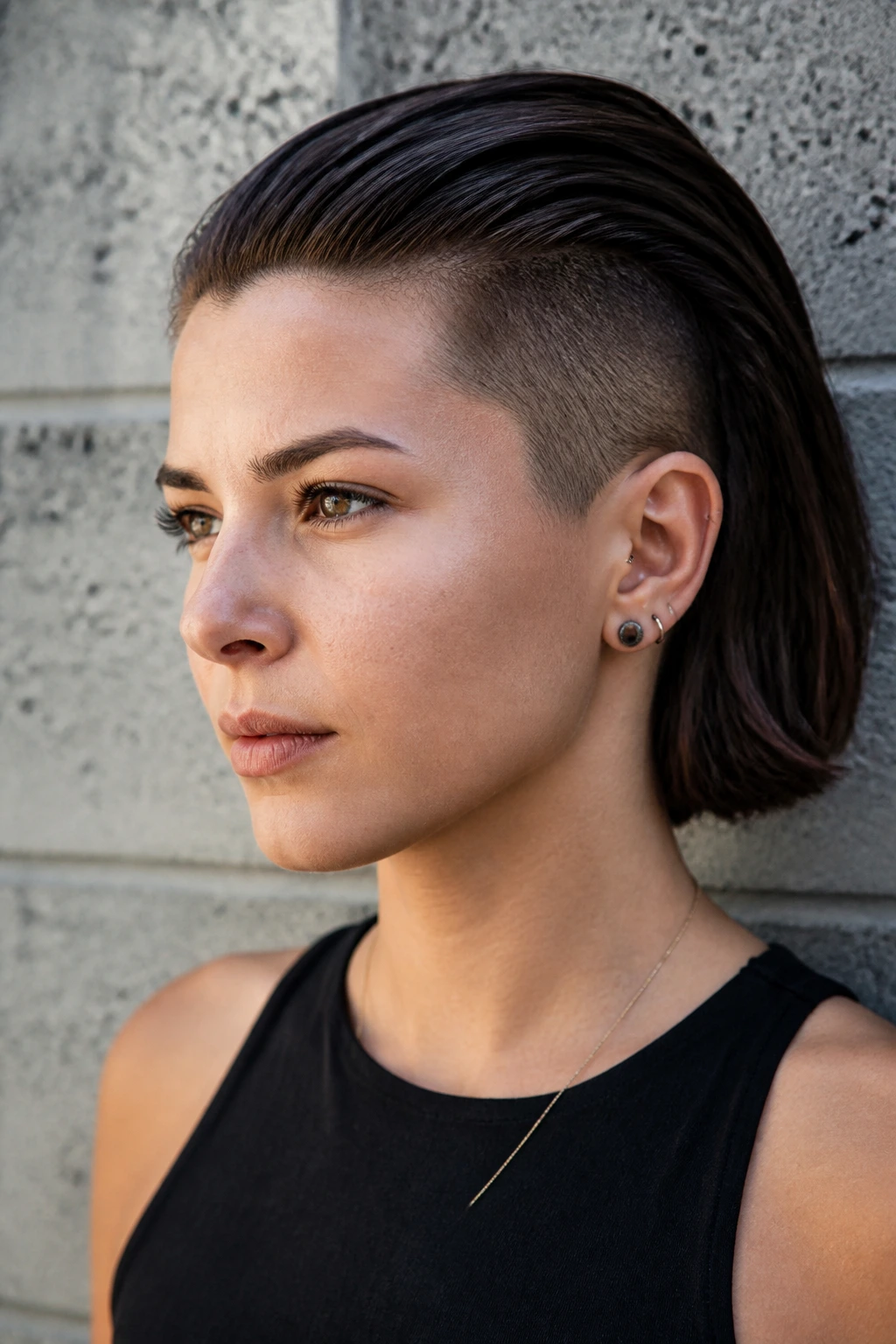 Close-up portrait of a real person with slicked-back disconnected lob hairstyle
