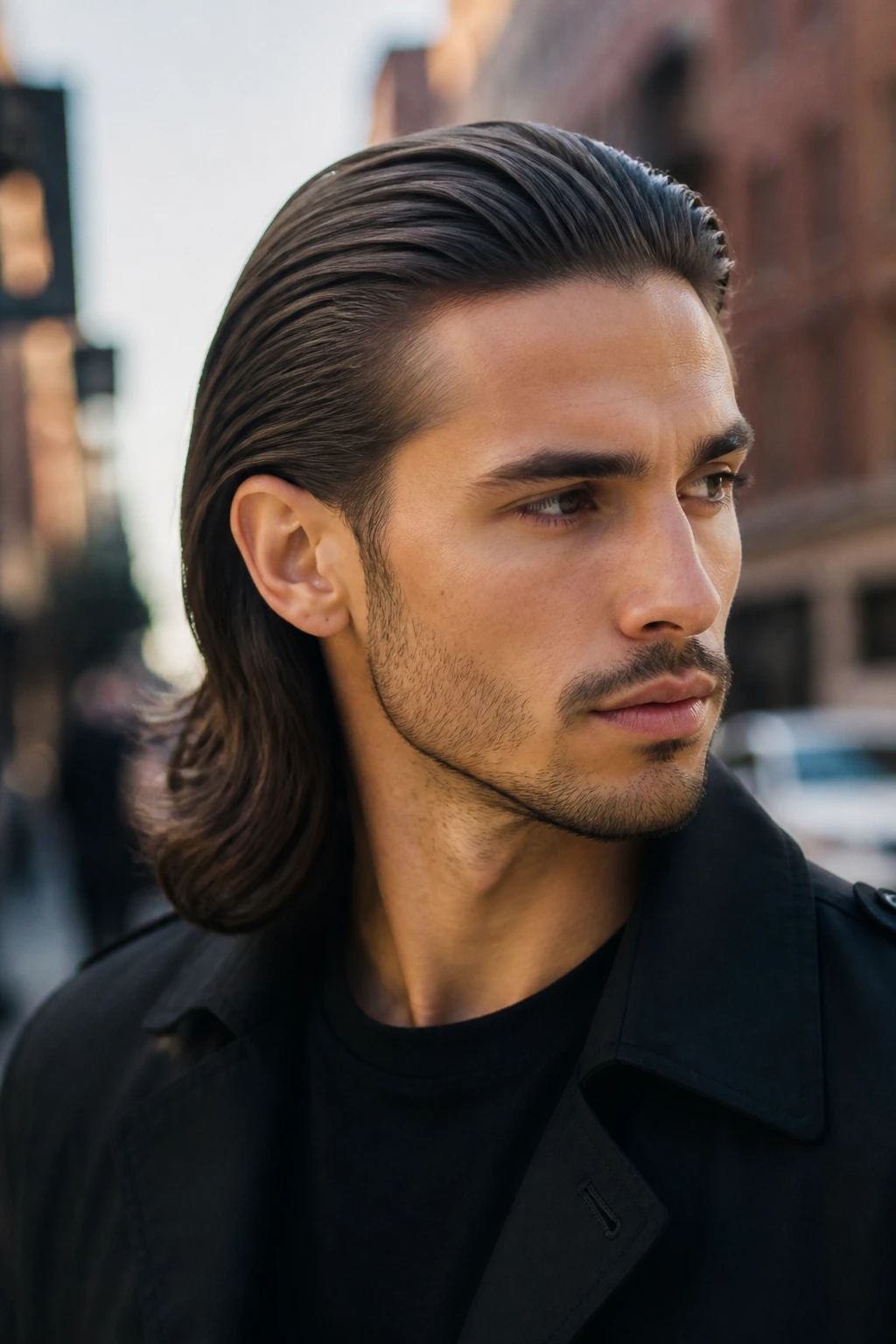 Man with slicked-back long hair and tucked sides