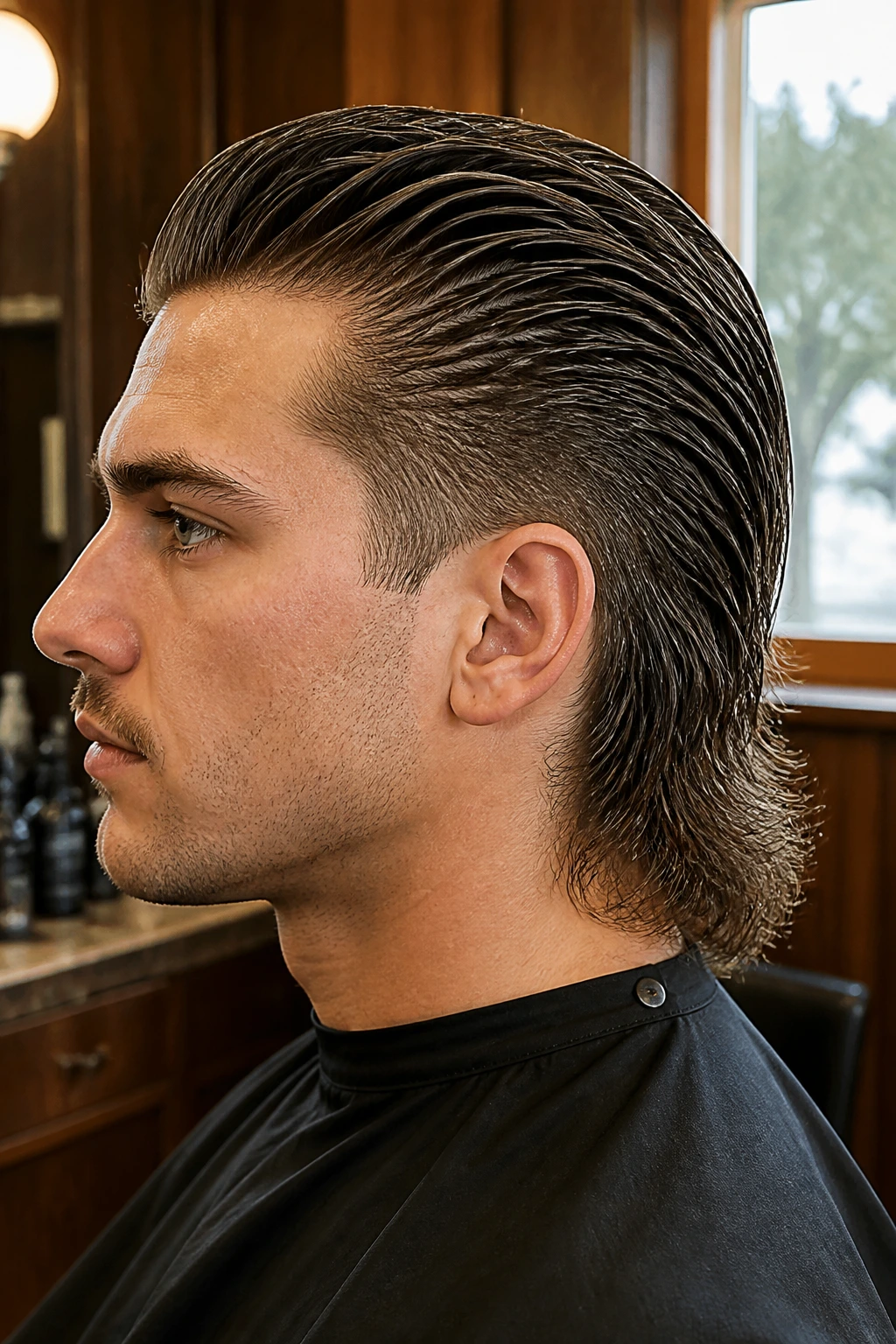 Close-up portrait of a real person with a slicked-back mullet in a barber-shop setting