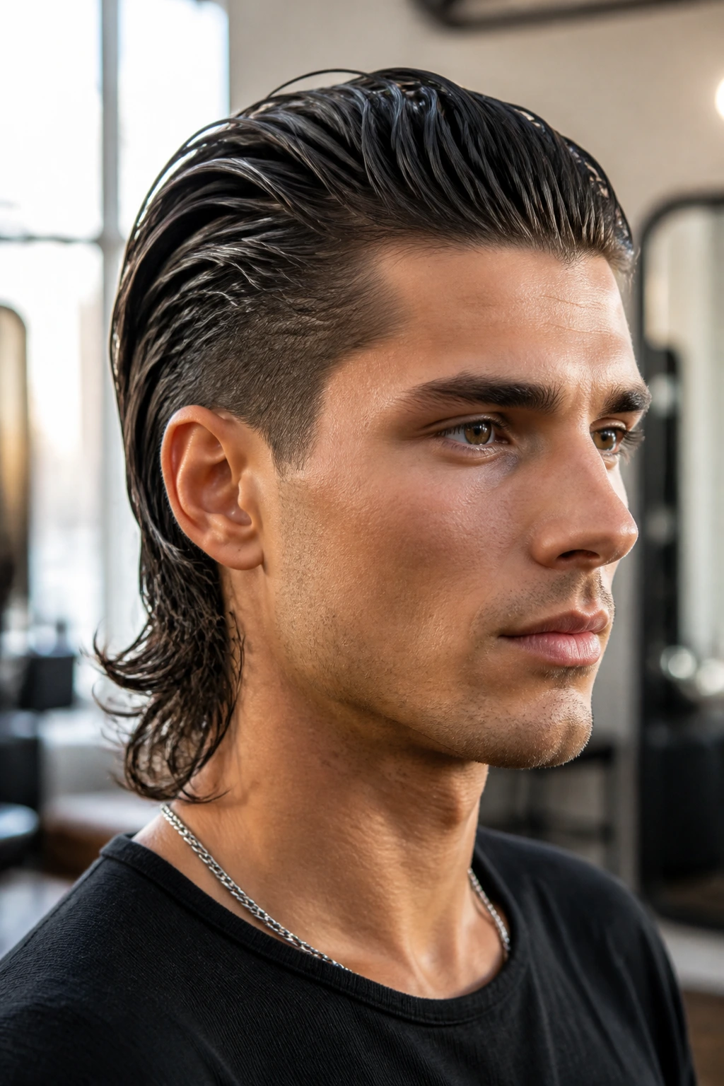 Close-up portrait of a real person with slicked-back mullet and wet texture