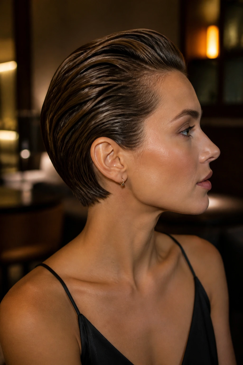 Real woman with slicked-back pixie bob and glossy wet-look finish.