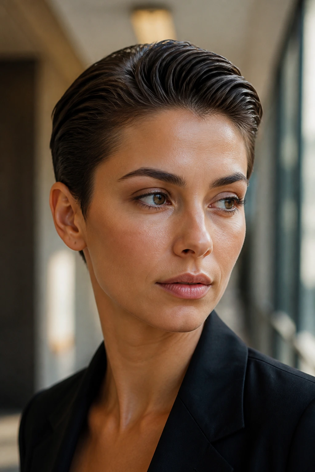 Close-up of a real woman with a slicked-back pixie crop and glossy wet look in natural light hallway