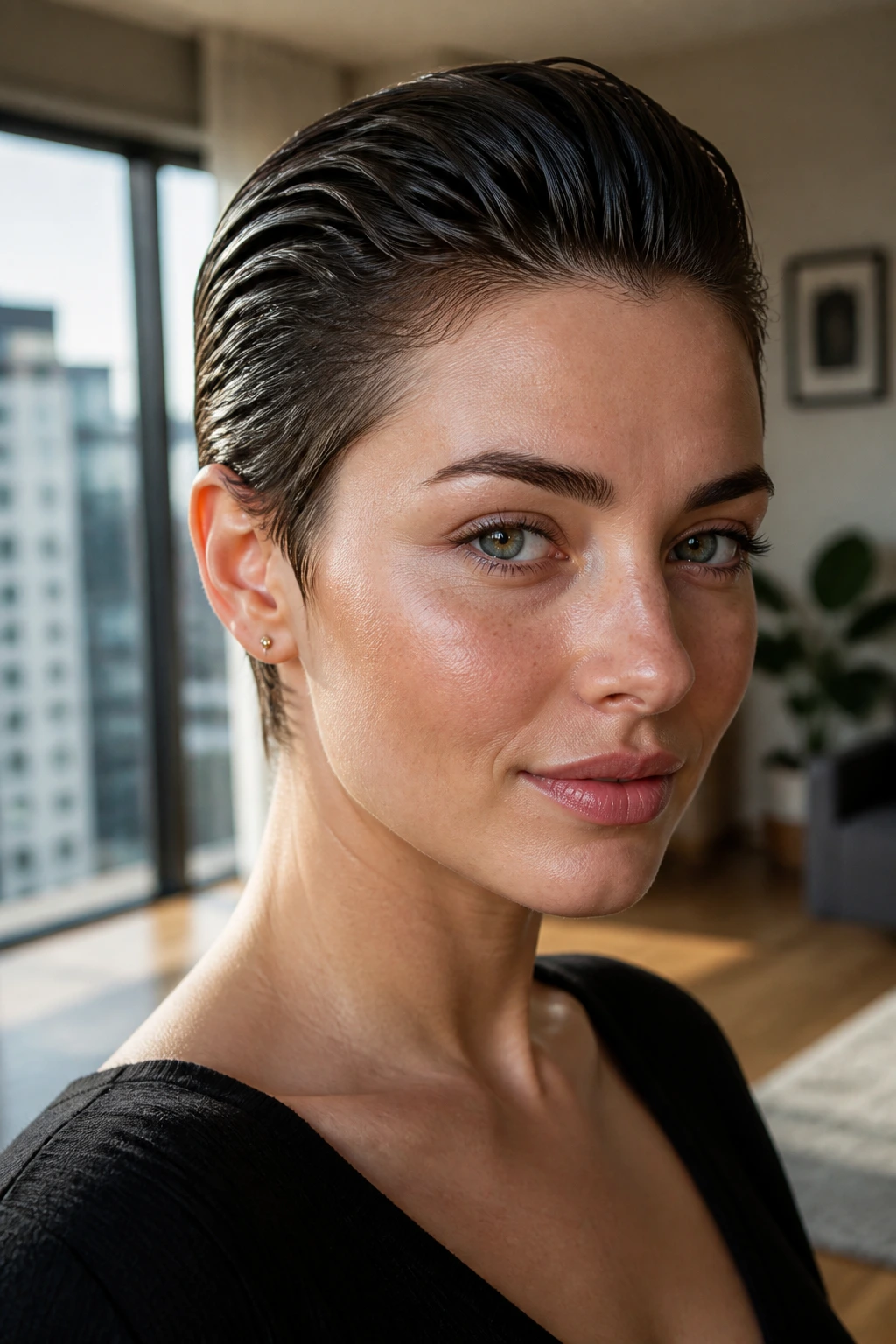 Close-up of a real woman with slicked-back pixie hairstyle