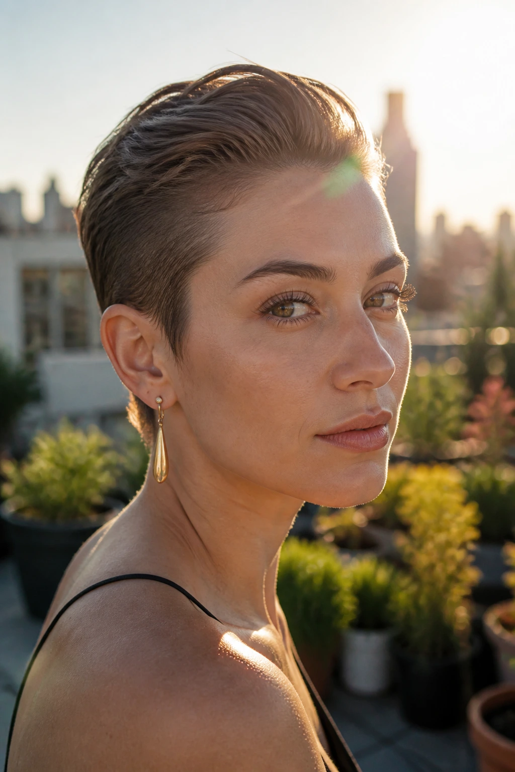 Close-up of a woman with a pixie-cut slicked-back hairstyle in an outdoor rooftop garden