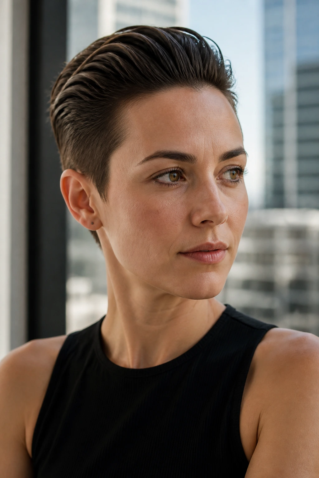 Close-up of a real woman with a slicked-back pixie showing shine