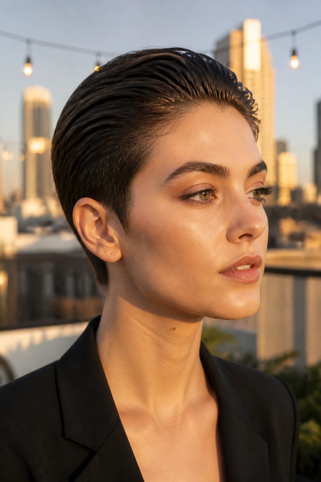 Portrait of real person with slicked-back pixie hairstyle exposing jawline