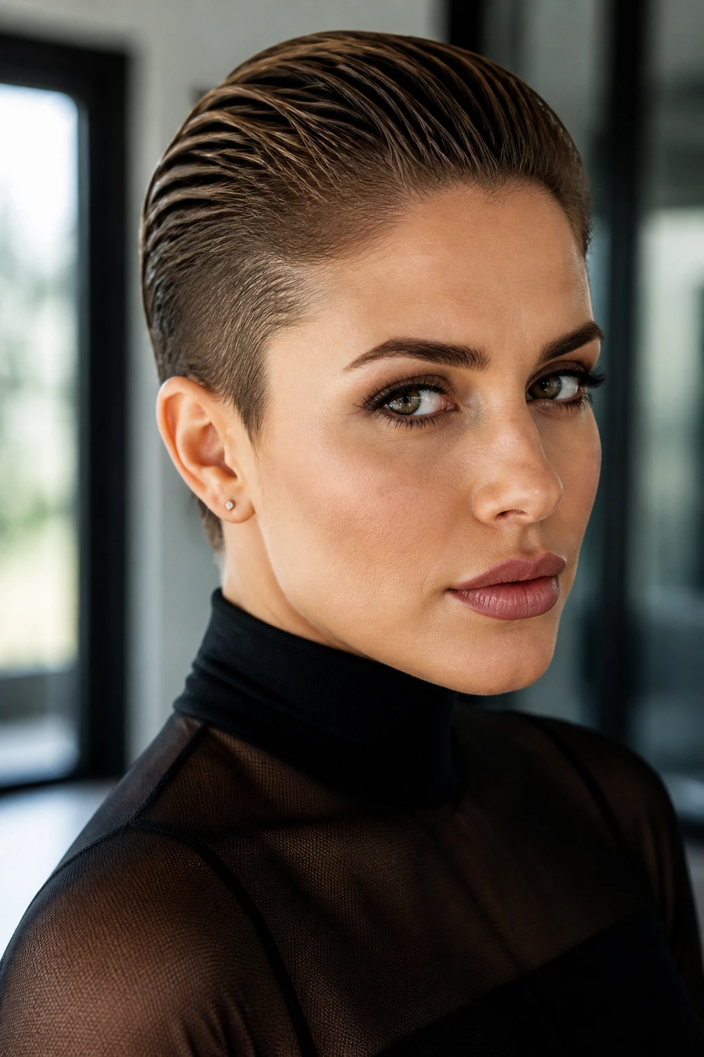 Real woman with slicked-back pixie haircut and bold brow.