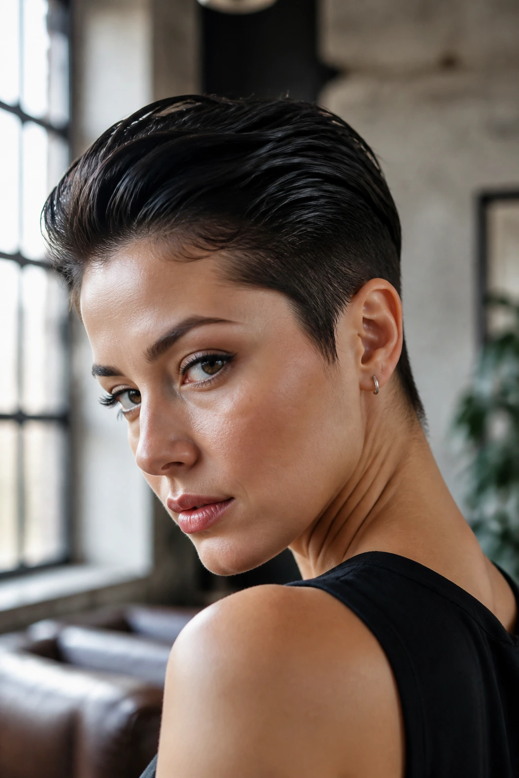 Close-up of a real woman with a glossy slicked-back pixie