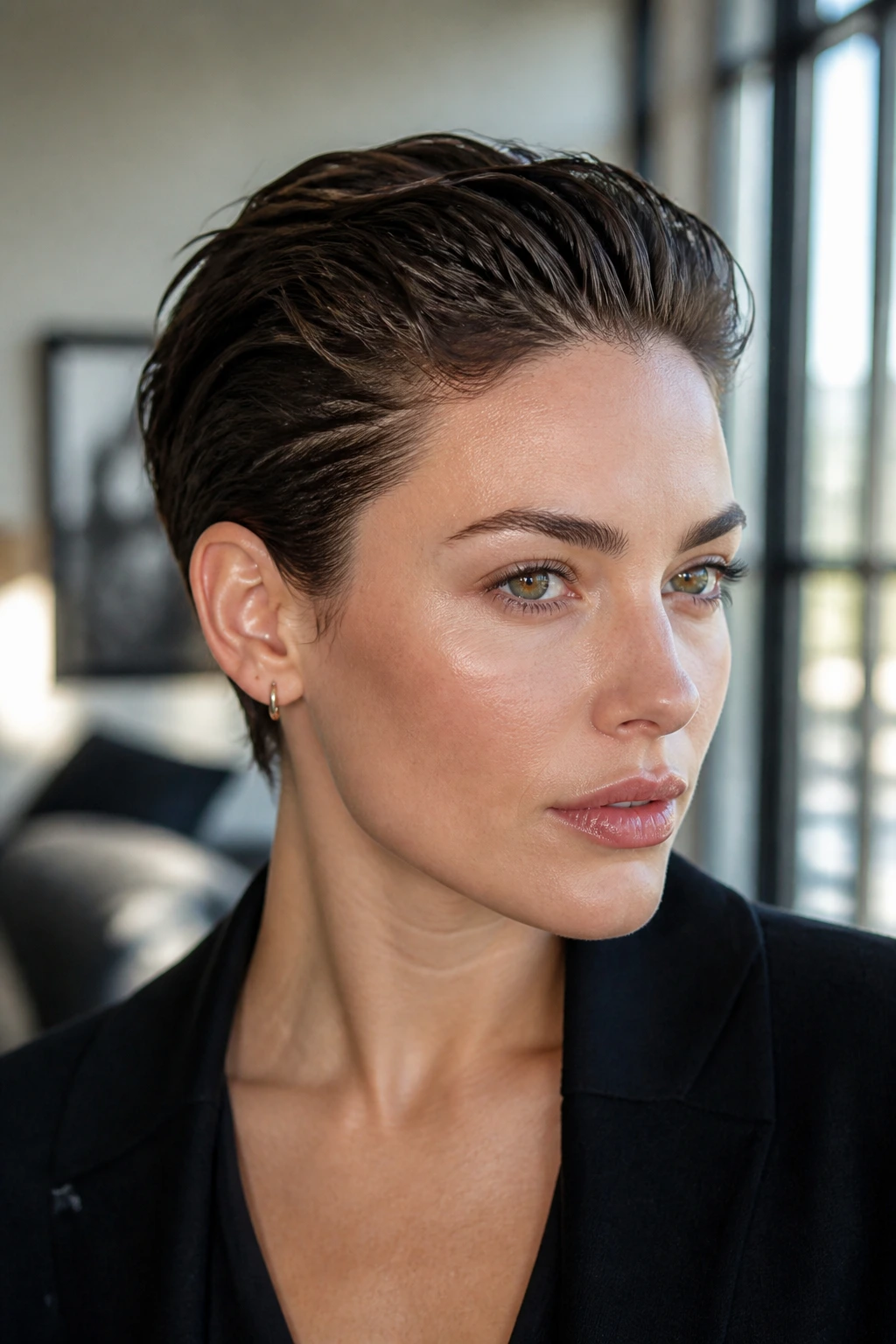 Close-up portrait of a real woman with slicked-back pixie showing bone structure