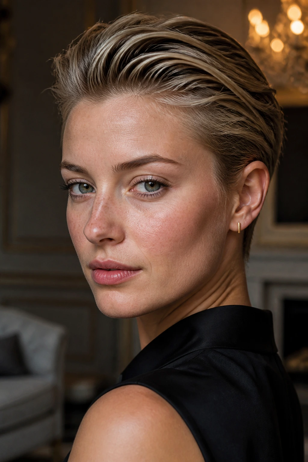 Close-up portrait of real woman with slicked-back pixie showing a sleek, shiny top