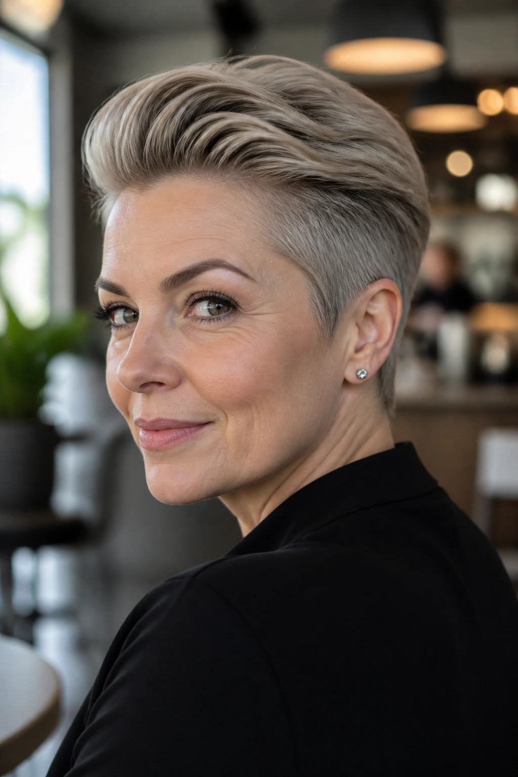 Close-up portrait of a real woman with a slicked-back sculpted pixie.