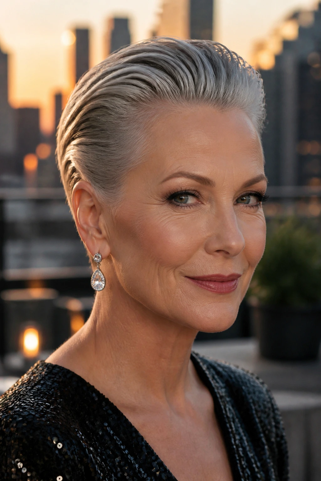 Close-up of woman with slicked-back pixie and shiny finish