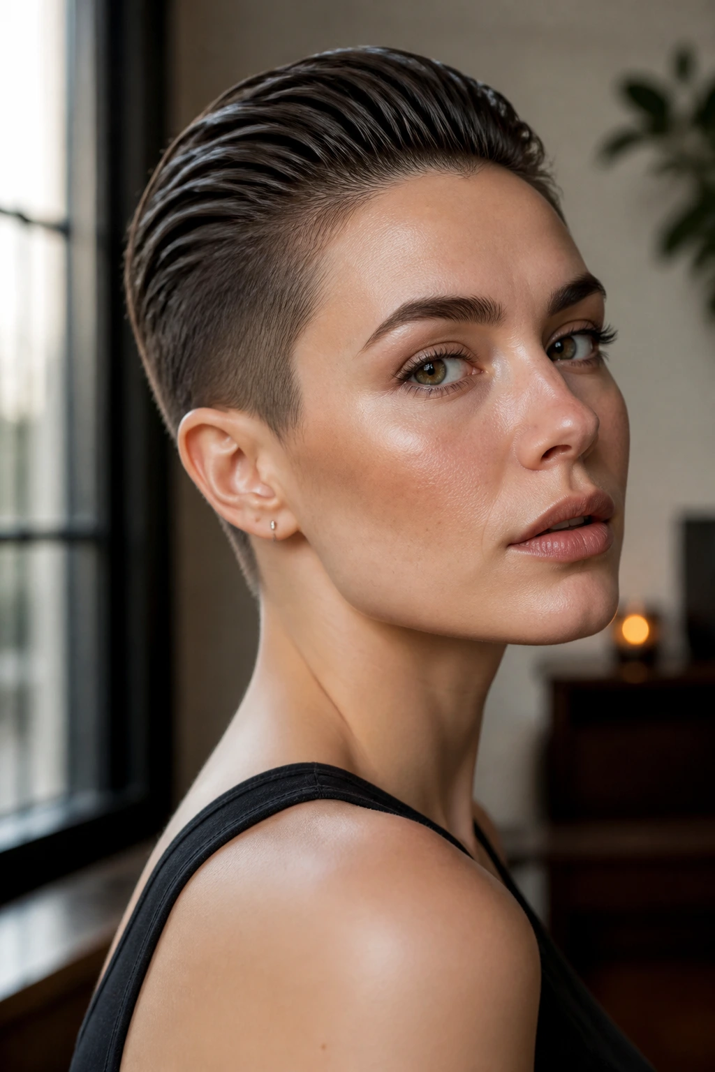 Close-up portrait of a real person with slicked-back undercut pixie.