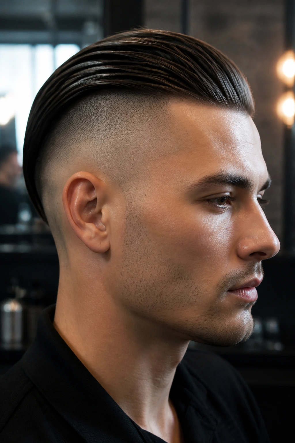 Portrait of a person with slicked-back long top and buzzed sides