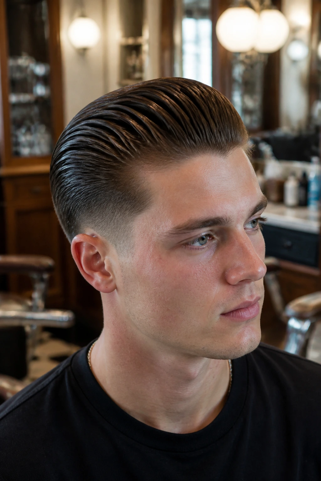 Real person with a slicked-back taper hairstyle in a warm urban salon setting